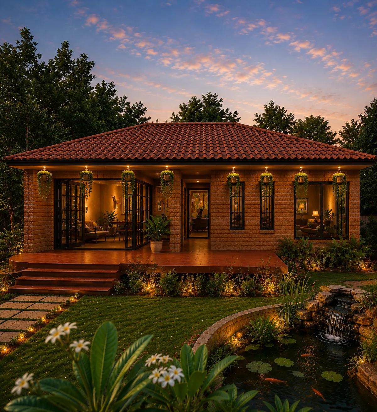 Mud home surrounded by a planted landscape at dusk