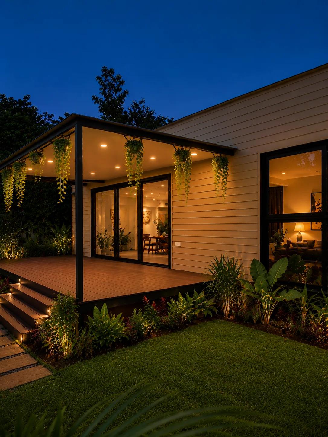 Prefabricated home surrounded by a planted landscape at dusk