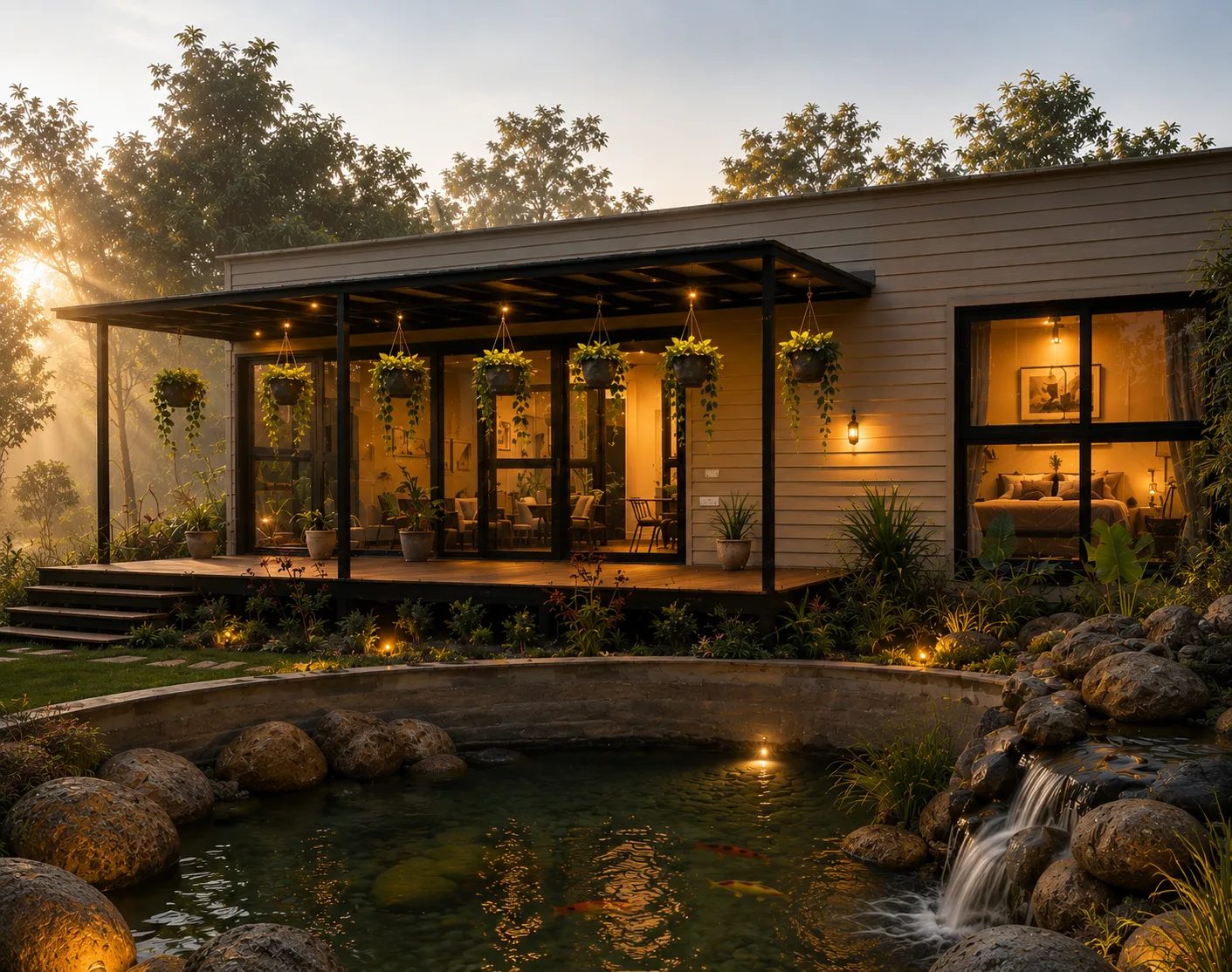 Sustainable home construction surrounded by mature planting