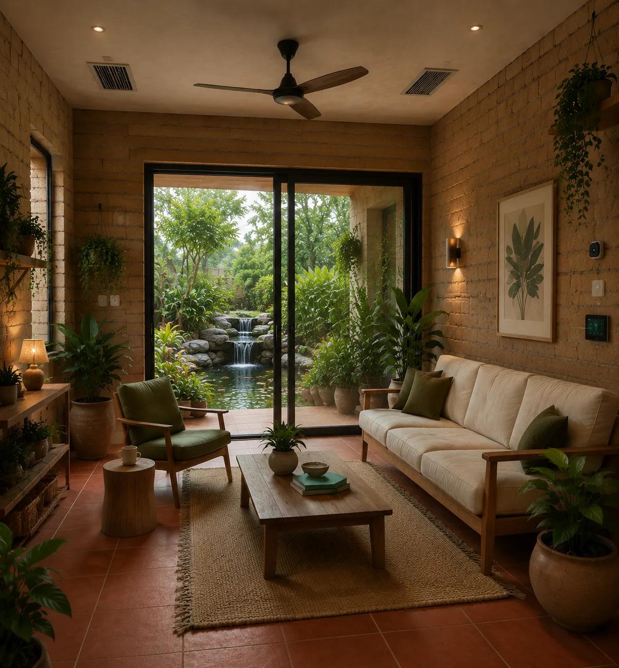 An earth-walled living room opening through sliding doors onto a planted garden and pond