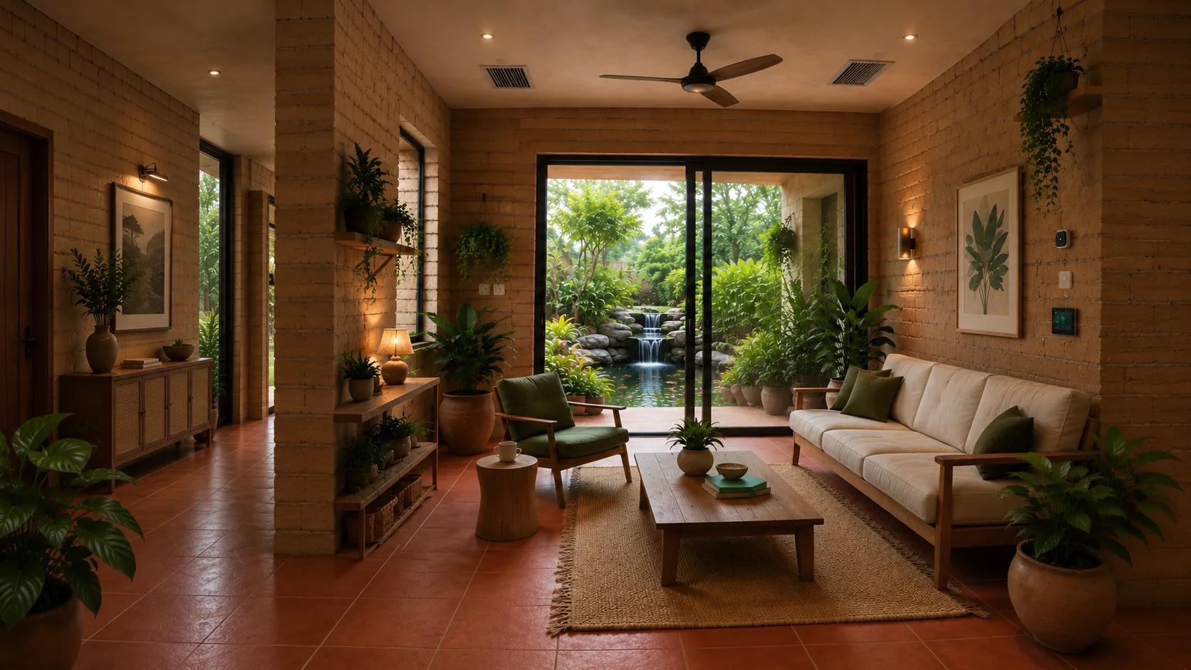 An earth-walled living room with a wall-mounted control panel, opening onto a planted garden and pond