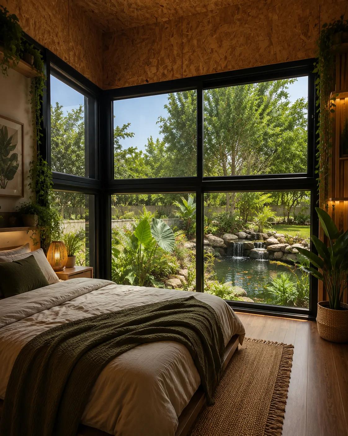 A bedroom outlook over water, planting, and trees